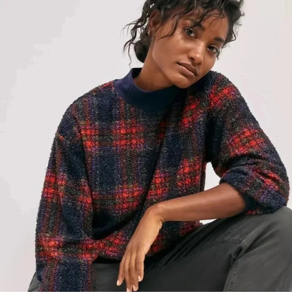ANTHROPOLOGIE porridge mock neck pullover sweater Sherpa plaid navy red XS - Picture 1 of 3